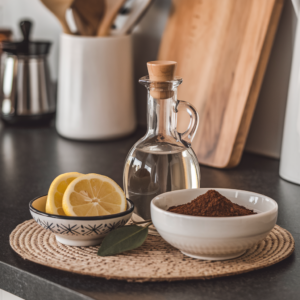 Natürliche Zutaten in einer Küche, darunter Zitronenscheiben, ein Krug mit Essig und eine Schale mit Kaffeepulver.