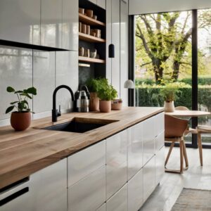 moderne Küche mit Holzarbeitsplatte